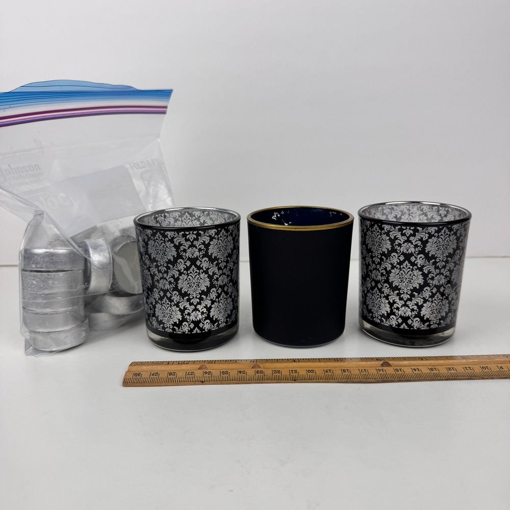 2 Damask Pattern 1 Black‎ Gold Trim Table Tealight Candle Holders Glass Gothic